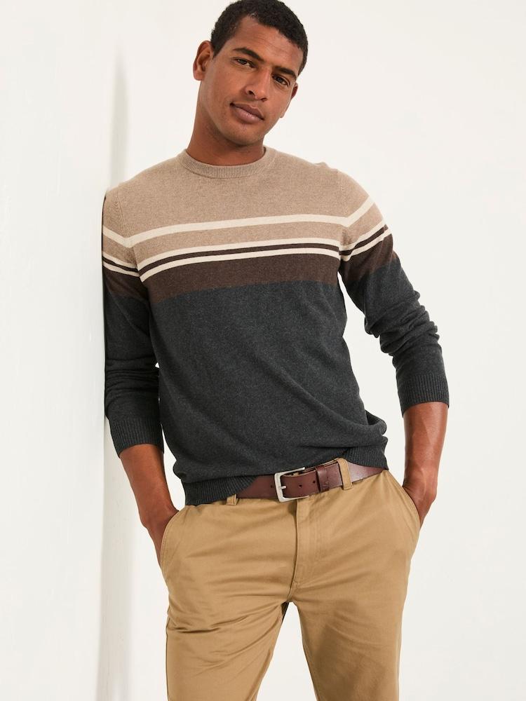 Fat Face Rye Charcoal Grey Stripe Crew Neck Knitted Jumper