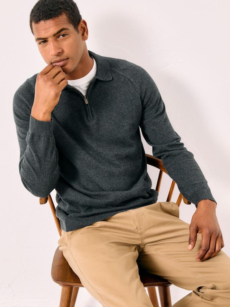 Fat Face Rye Charcoal Grey Zip Collar Knitted Polo Jumper
