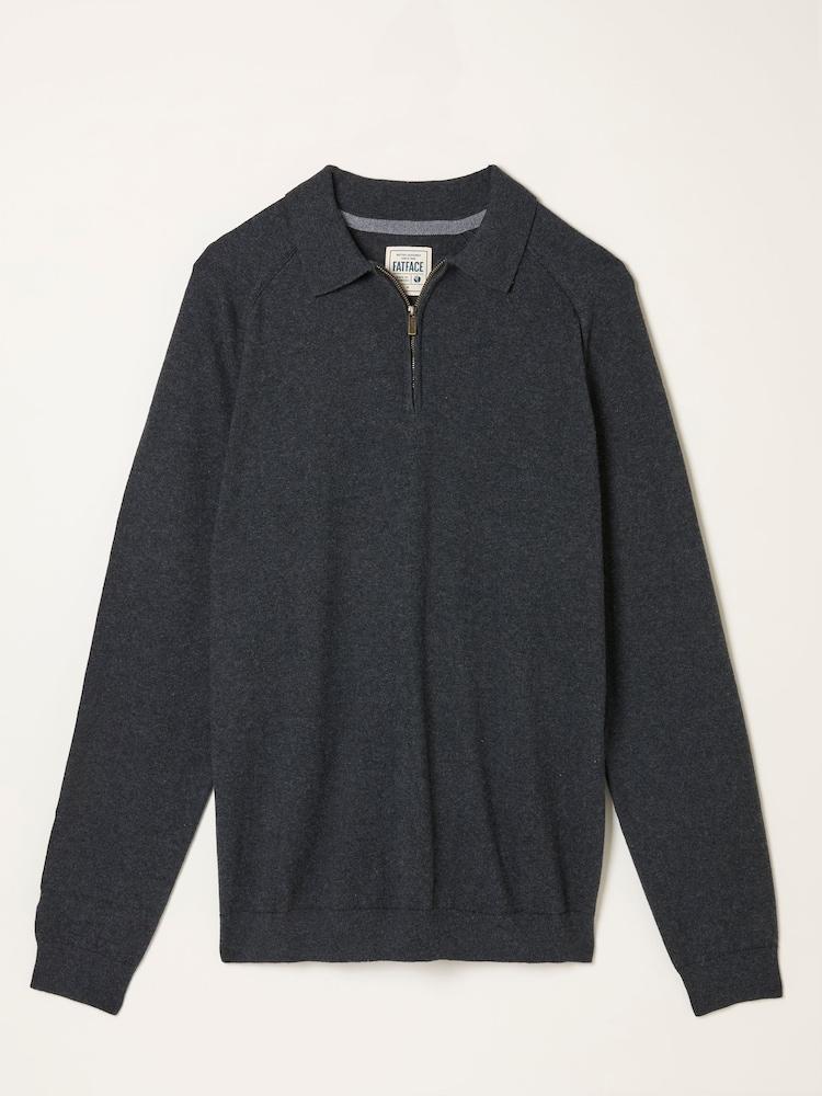 fat face Rye Charcoal Grey Zip Collar Knitted Polo Jumper