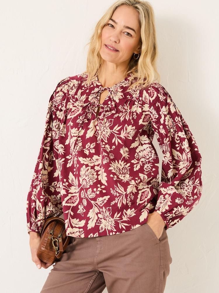 Fat Face Sandy Burgundy Red Brush Floral 100% Cotton Blouse