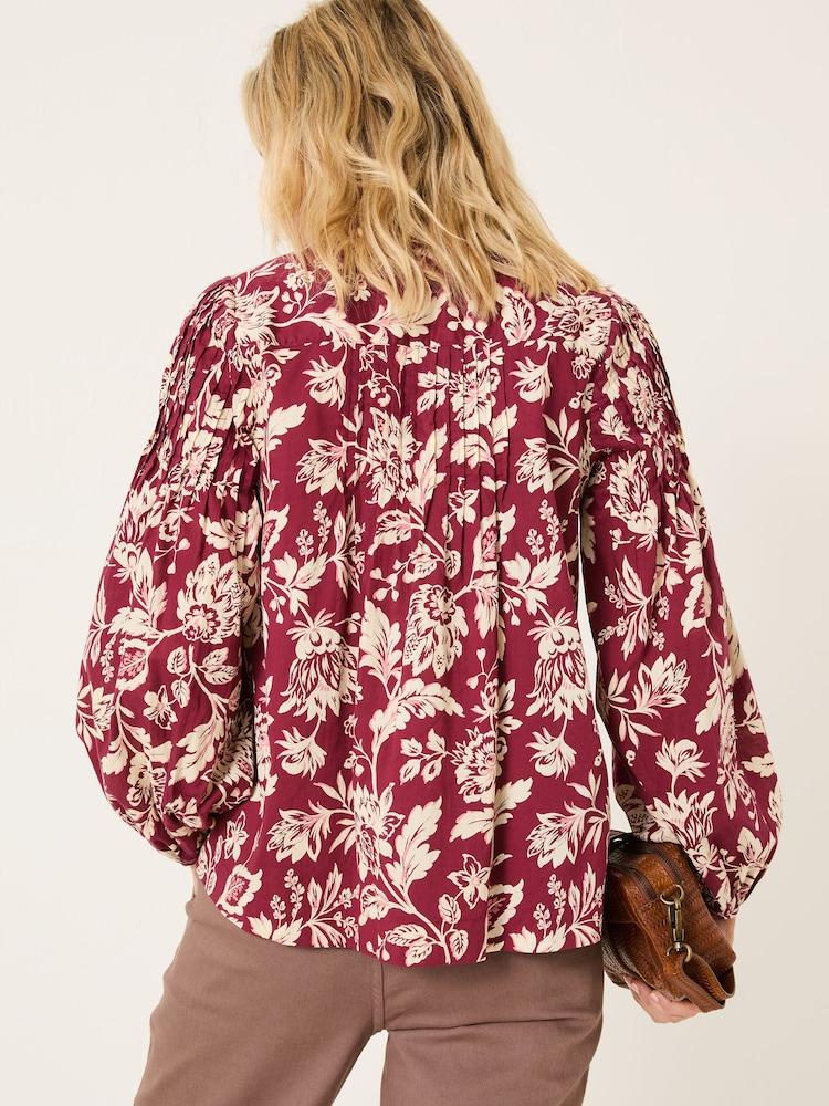 Fat Face Sandy Burgundy Red Brush Floral 100% Cotton Blouse
