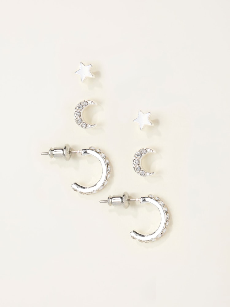 Fat Face Silver Tone Star And Moon Multi Pack Earrings