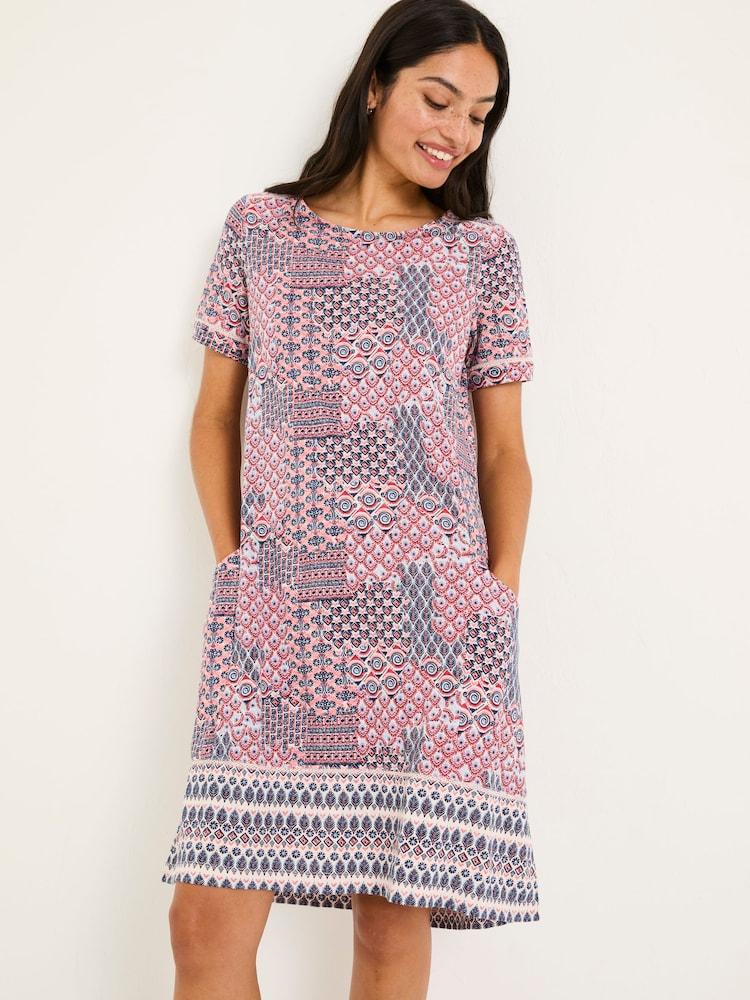 Fat Face Simone Pink Geo Patchwork Short Sleeve Jersey Dress