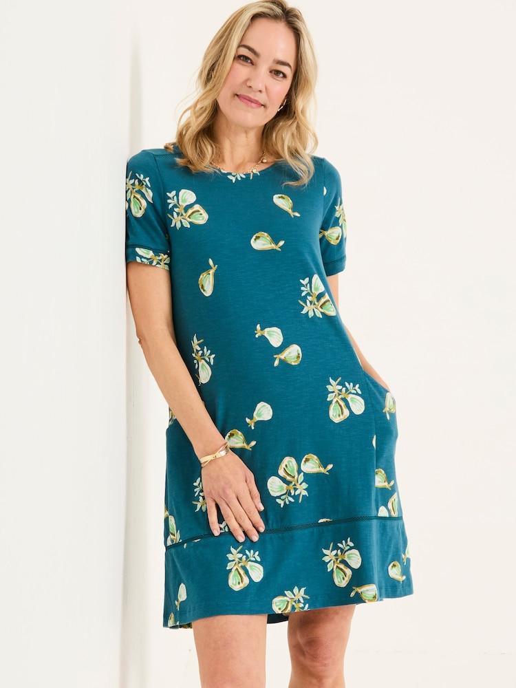 Fat Face Simone Teal Blue Figs Regular Jersey Dress