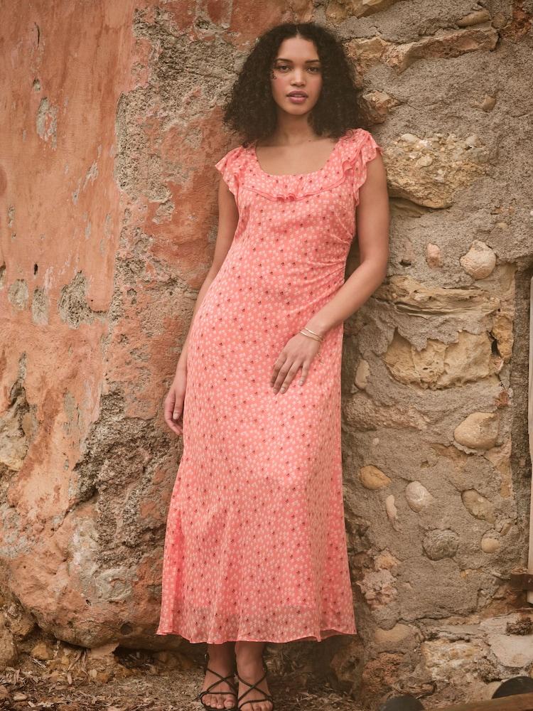 Fat Face Sloane Coral Pink Scoop Neck Printed Dress