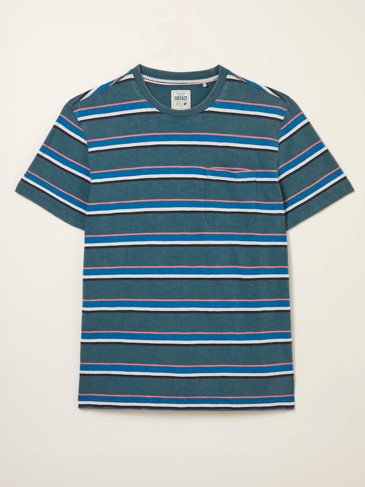 fat face Studland Dark Teal Blue Stripe Pocket T-Shirt