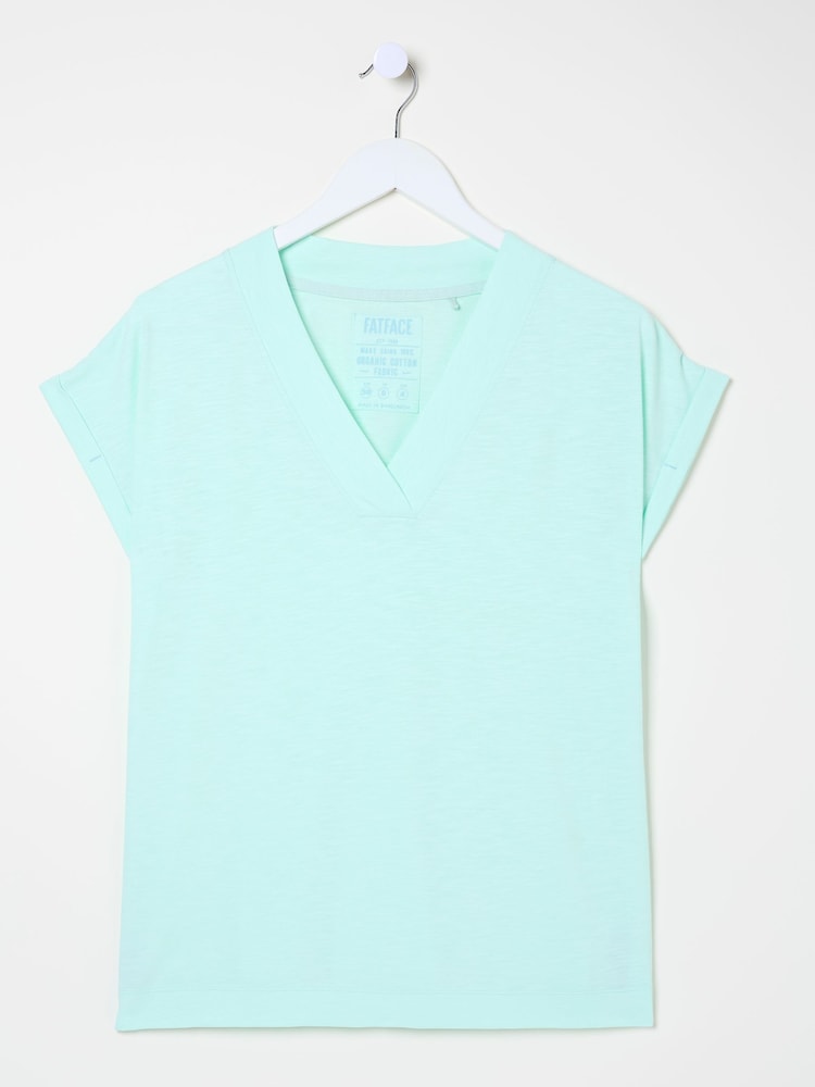 fat face Tansy Mint Green 100% Cotton V-Neck T-Shirt