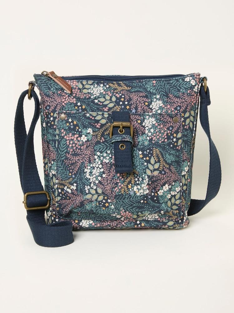 Fat Face Teal Blue Canvas Floral Print Crossbody Bag
