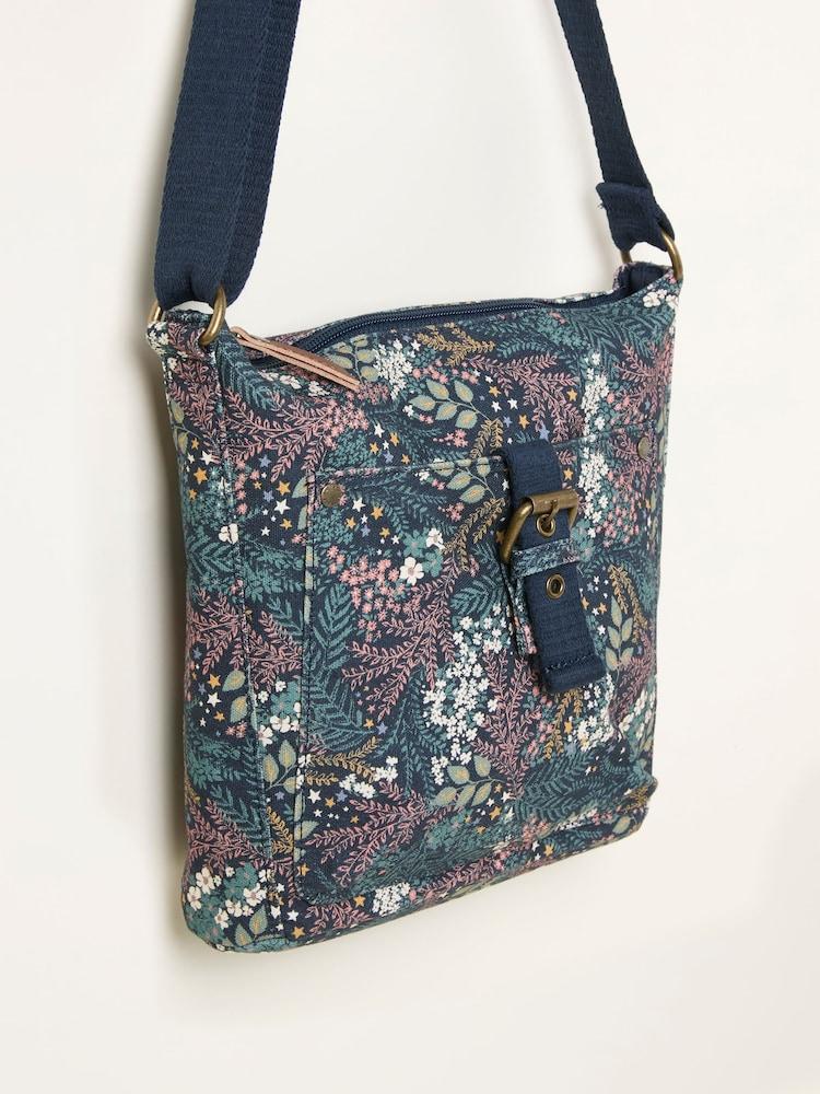 Fat Face Teal Blue Canvas Floral Print Crossbody Bag