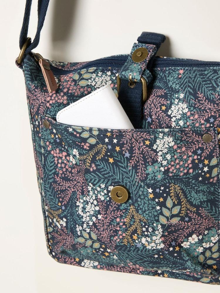 fat face Teal Blue Canvas Floral Print Crossbody Bag