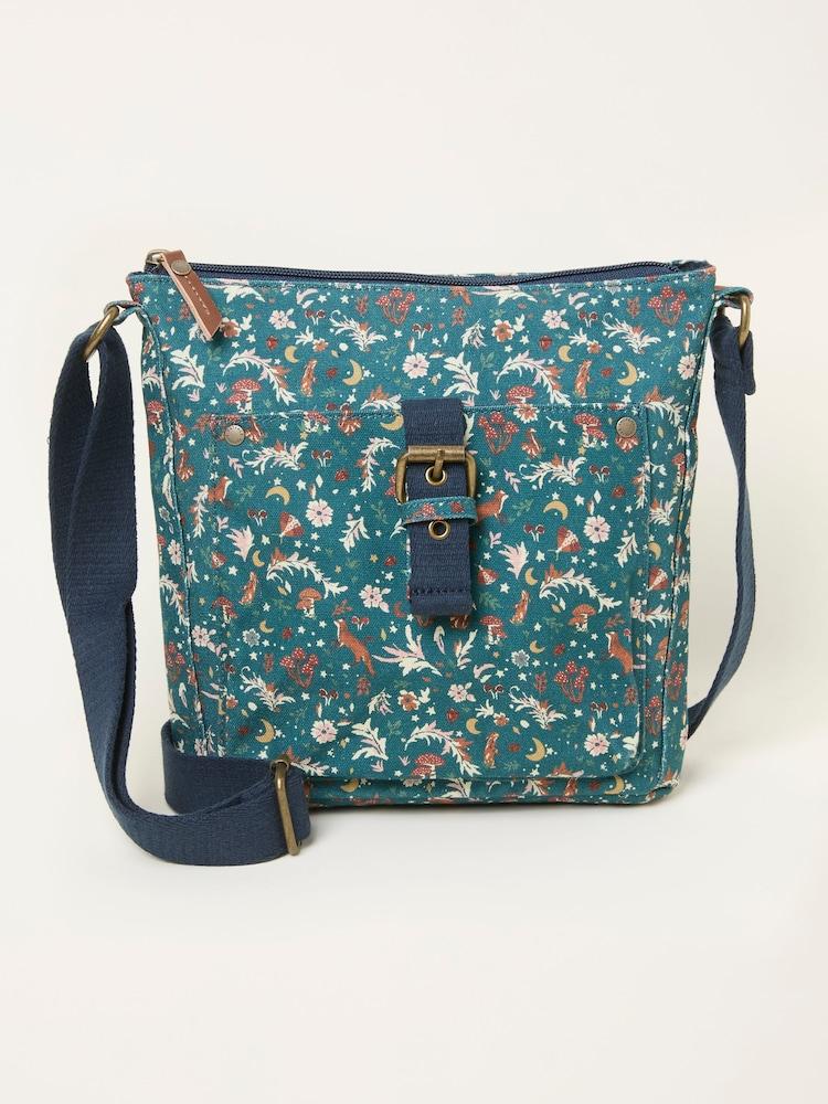 Fat Face Teal Blue Canvas Woodland Print Crossbody Bag
