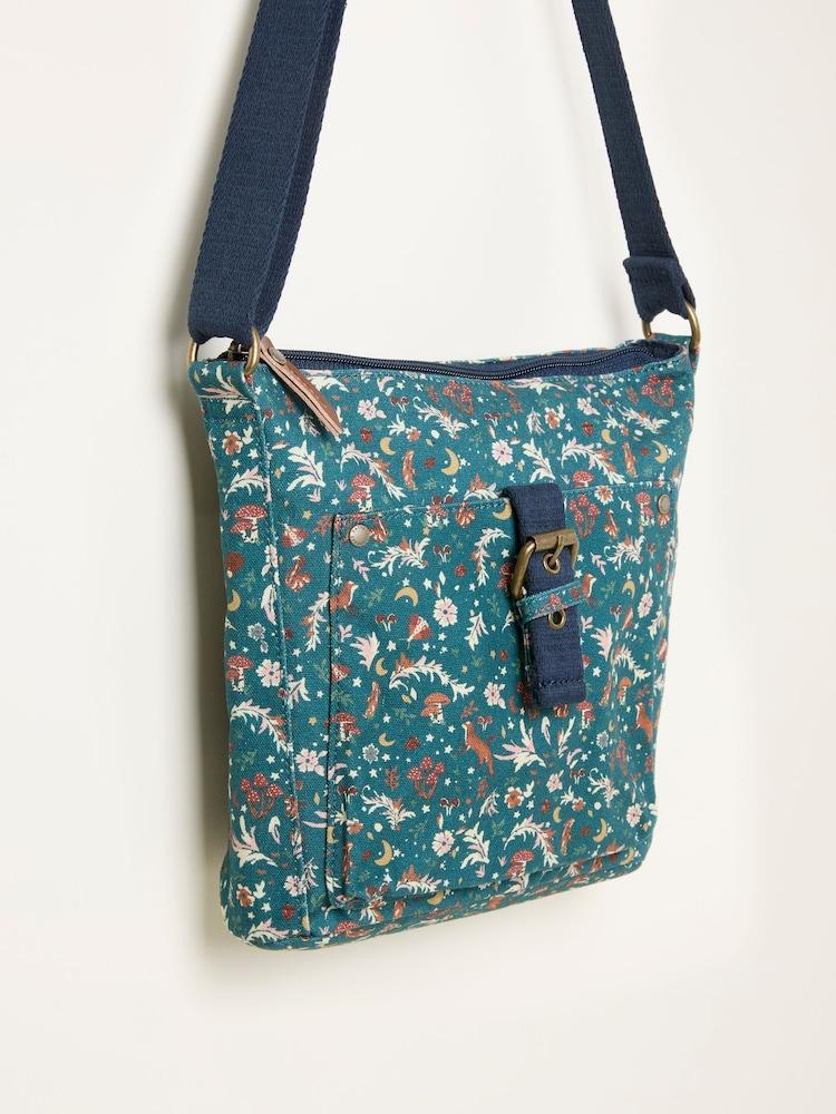 Fat Face Teal Blue Canvas Woodland Print Crossbody Bag