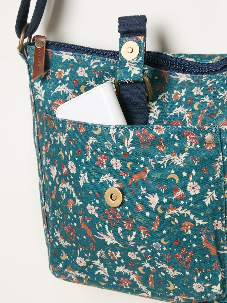 fat face Teal Blue Canvas Woodland Print Crossbody Bag