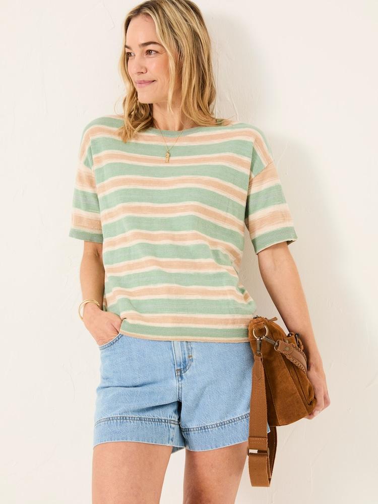 Fat Face Teal Blue Space Dye Stripe Short Sleeve T Shirt