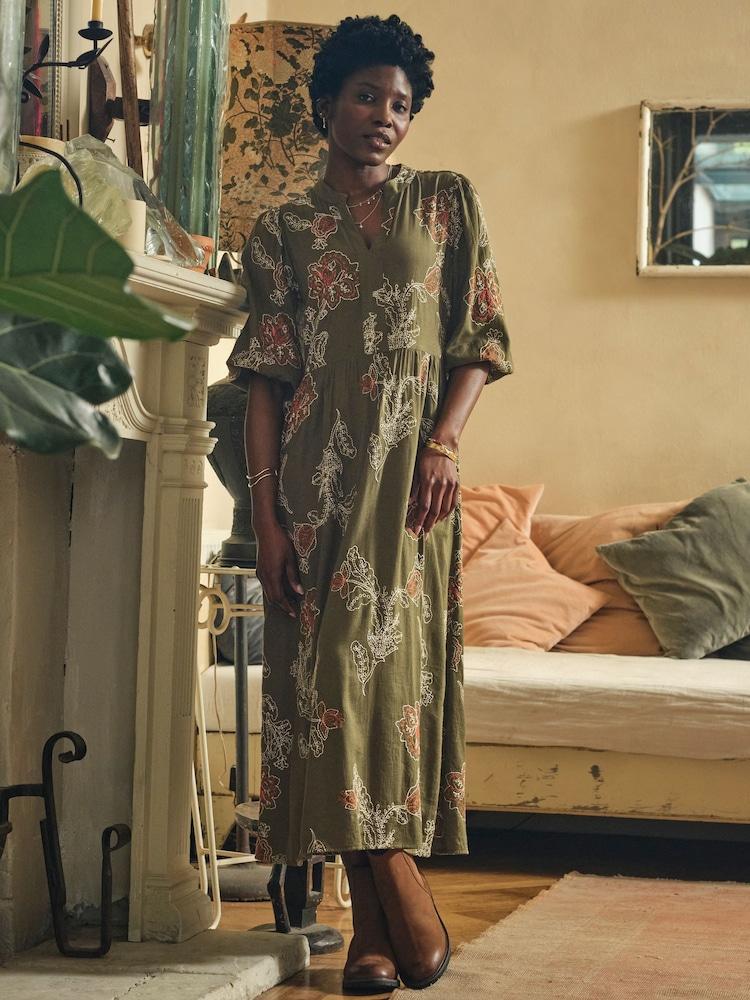 Fat Face Vivienne Olive Green Regular Embroidered Midi Dress