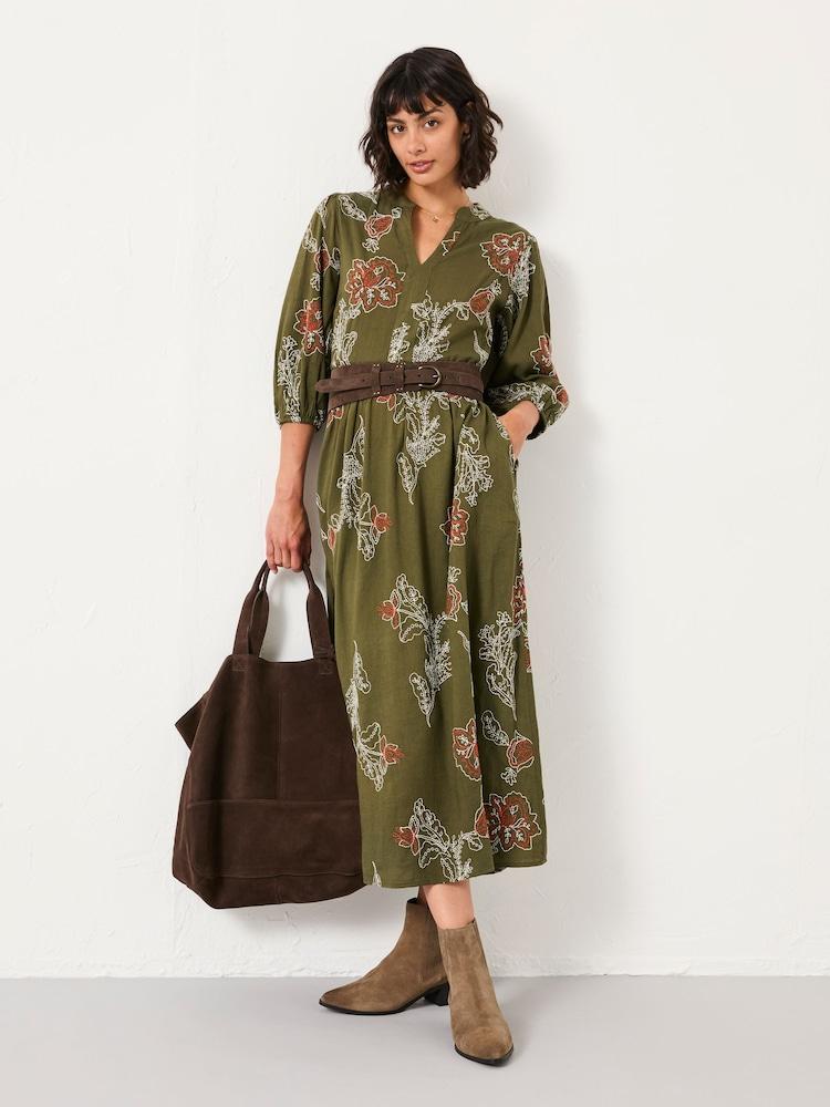 Fat Face Vivienne Olive Green Regular Embroidered Midi Dress