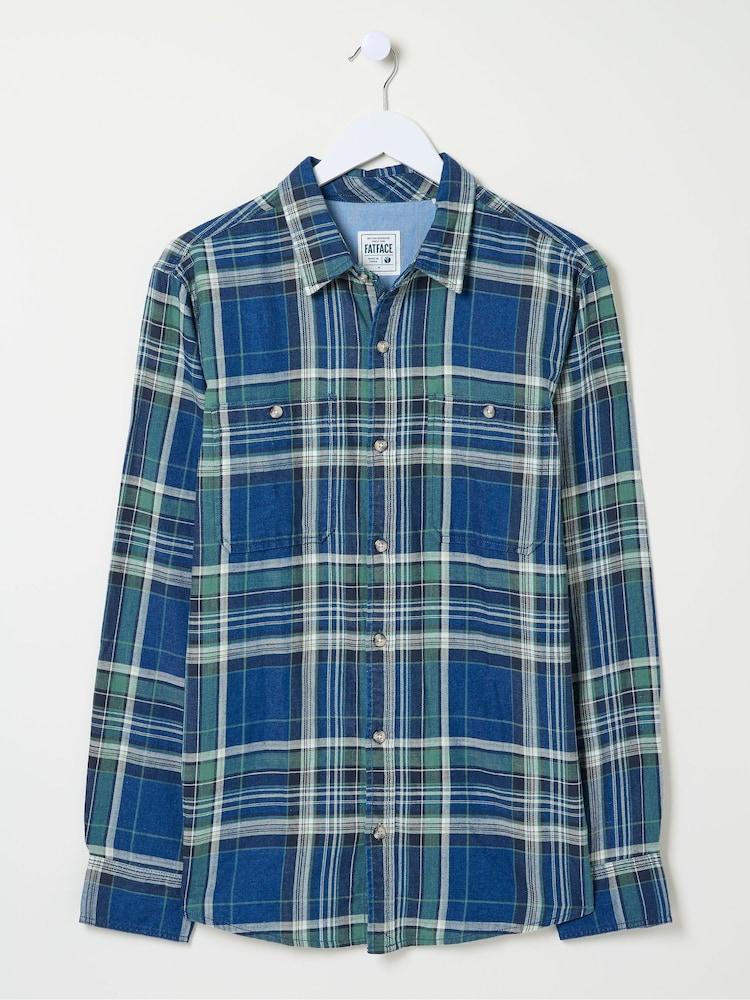 fat face Western Blue/Green 100% Cotton Long Sleeve Check Shirt