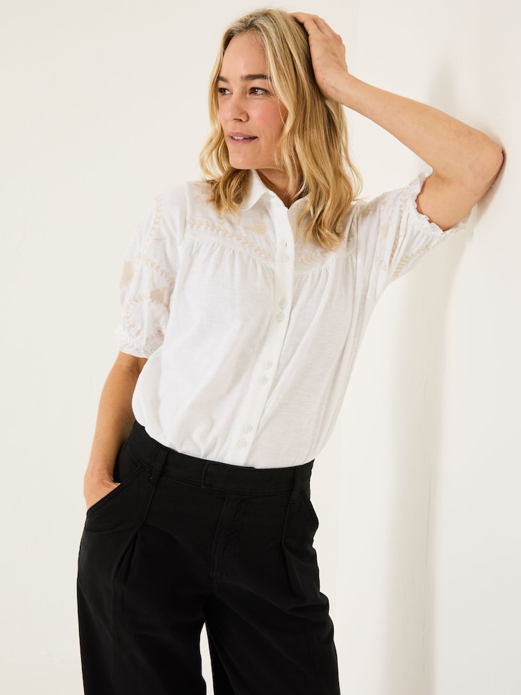 Fat Face White Embroidered Short Sleeve Jersey Shirt