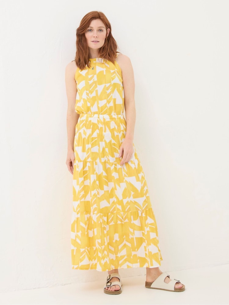 Fat Face Yellow Marina Med Geo Cotton/Linen Mix Maxi Skirt