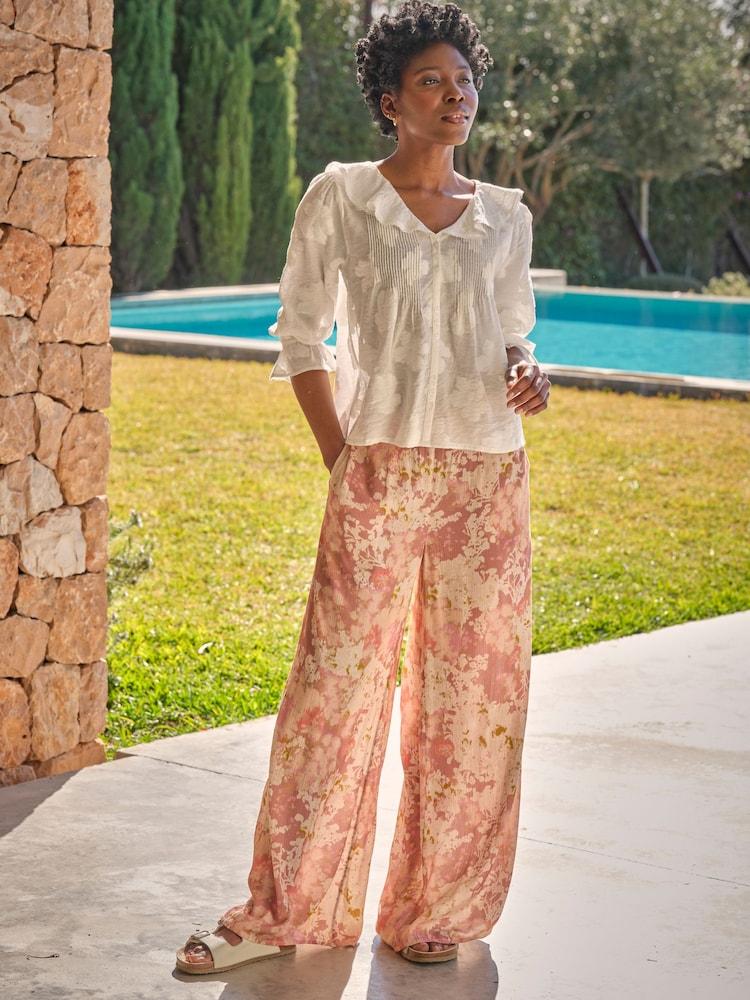 Fat Face Zelda Rose Pink Layered Floral Wide Leg Trousers