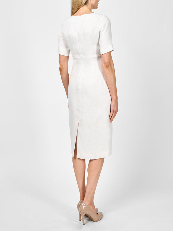 Favourbrook Araminta Short Sleeve Dress Ivory Herringbone Crease Resist Linen