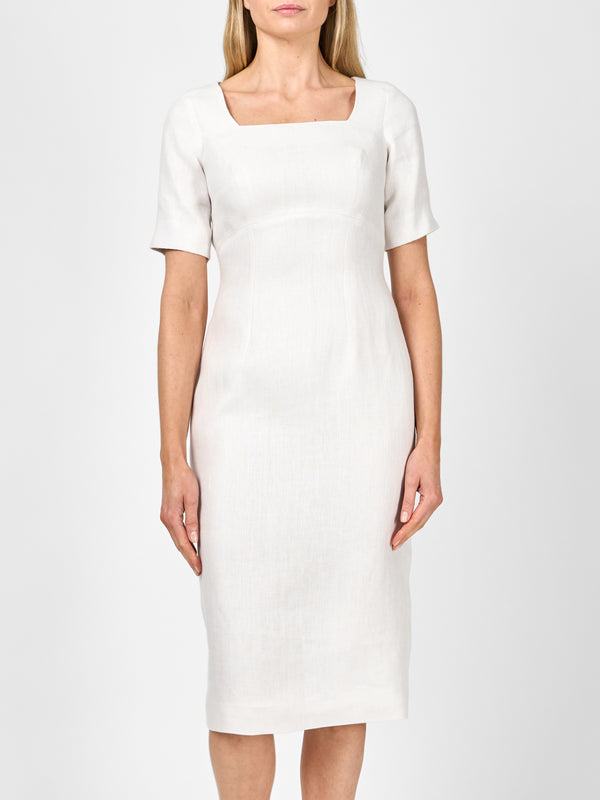 Favourbrook Araminta Short Sleeve Dress Ivory Herringbone Crease Resist Linen