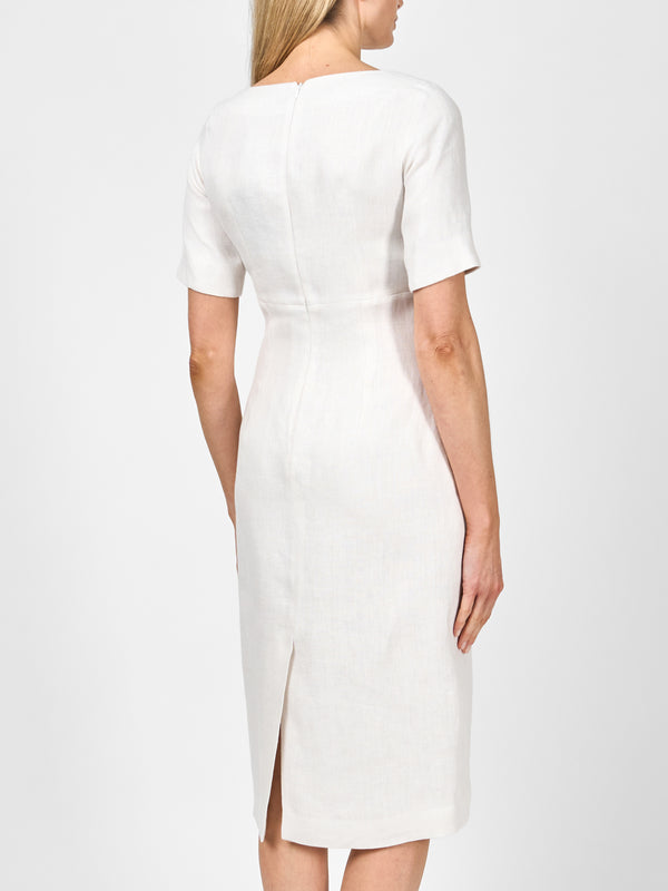 Favourbrook Araminta Short Sleeve Dress Ivory Herringbone Crease Resist Linen