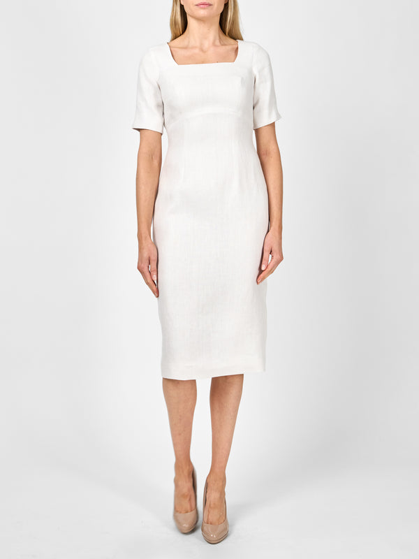 favourbrook Araminta Short Sleeve Dress Ivory Herringbone Crease Resist Linen