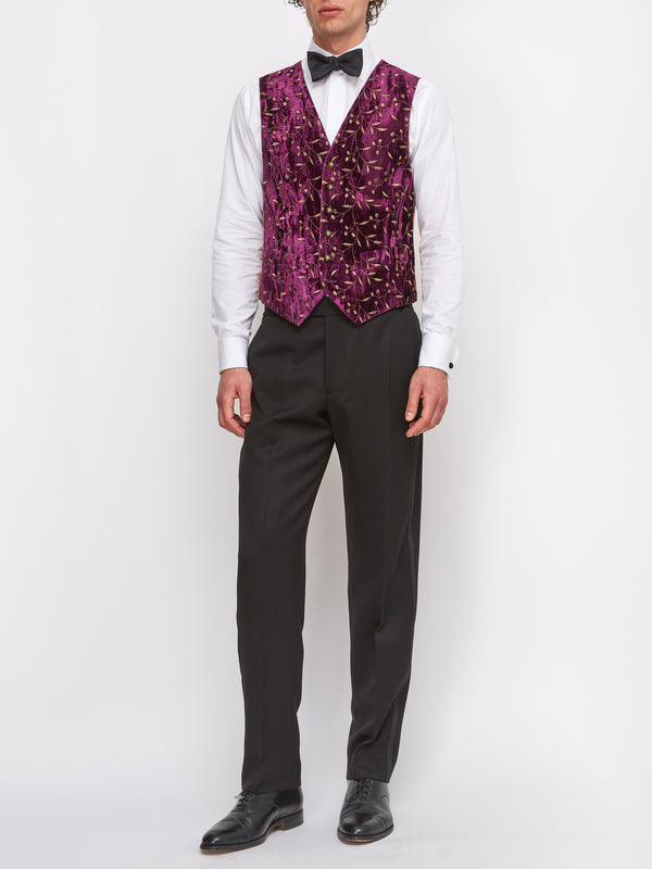 Favourbrook Aubergine Lurex Berries Velvet Single Breasted Waistcoat