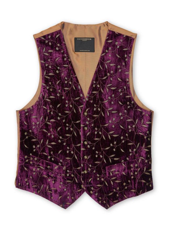 Favourbrook Aubergine Lurex Berries Velvet Single Breasted Waistcoat