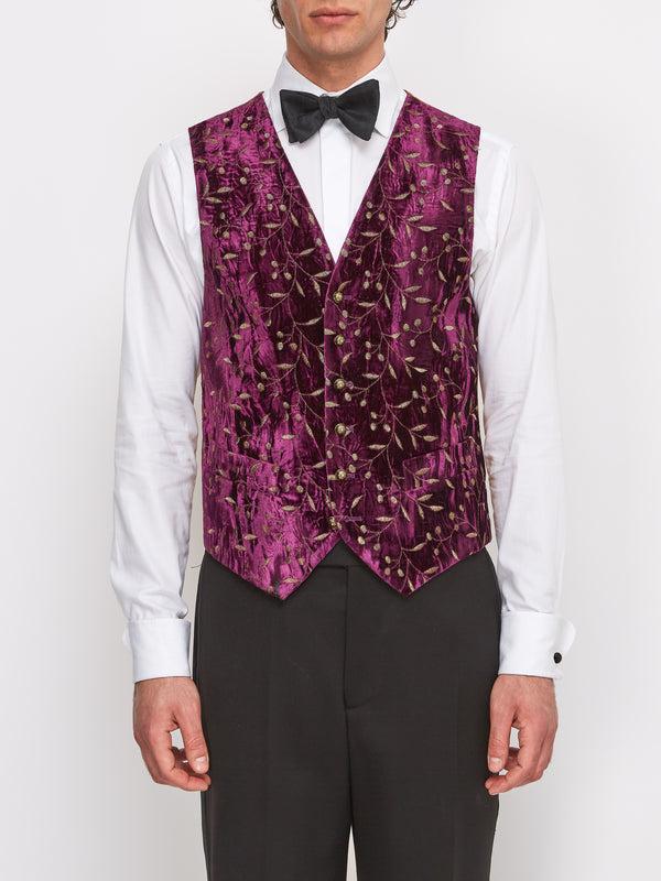 favourbrook Aubergine Lurex Berries Velvet Single Breasted Waistcoat