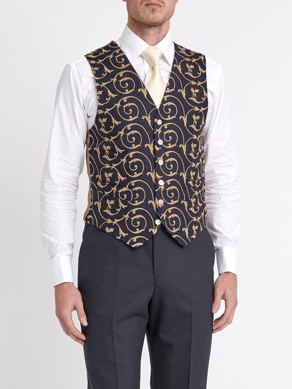 Favourbrook BD Navy Gold Swirl Linen Single Breasted Waistcoat