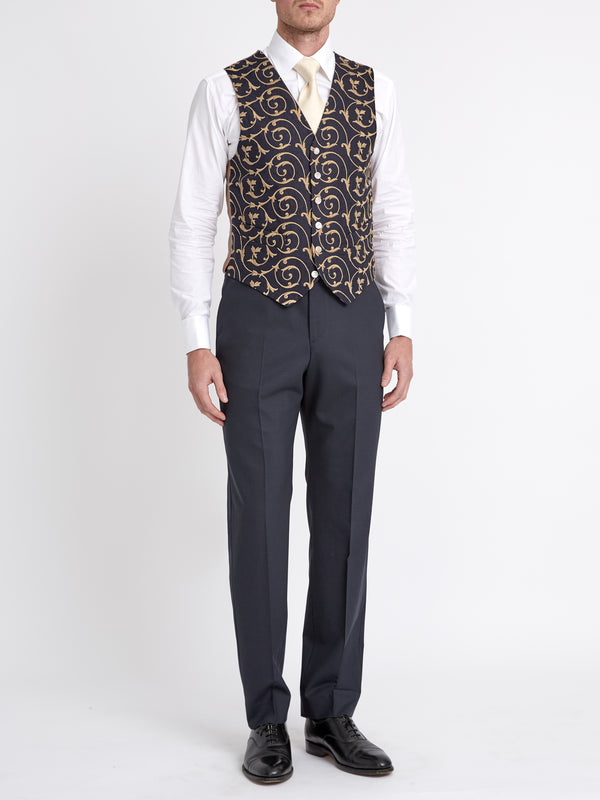 Favourbrook BD Navy Gold Swirl Linen Single Breasted Waistcoat
