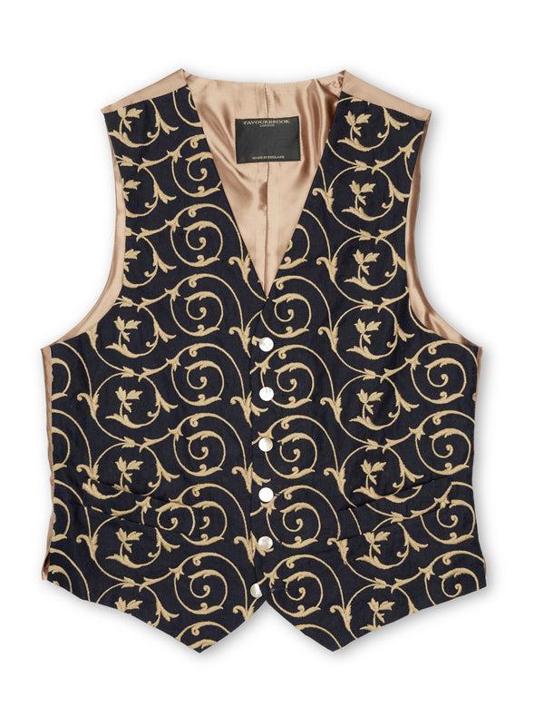 Favourbrook BD Navy Gold Swirl Linen Single Breasted Waistcoat
