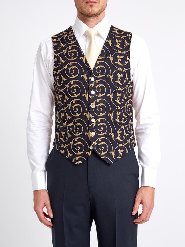 favourbrook BD Navy Gold Swirl Linen Single Breasted Waistcoat