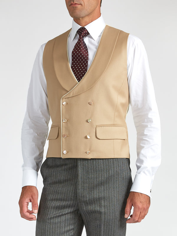 favourbrook Beige Gabardine Wool Double Breasted Waistcoat with Piping
