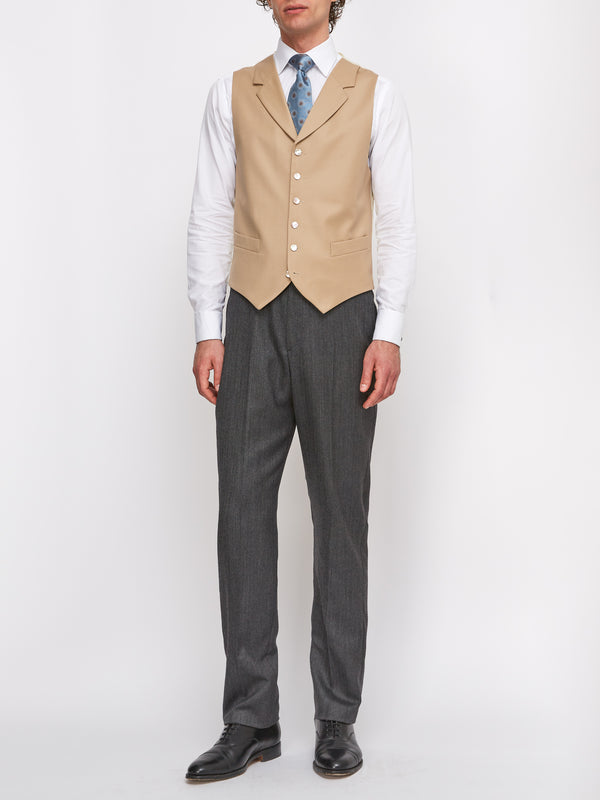 Favourbrook Beige Gabardine Wool Single Breasted Notch Lapel Waistcoat