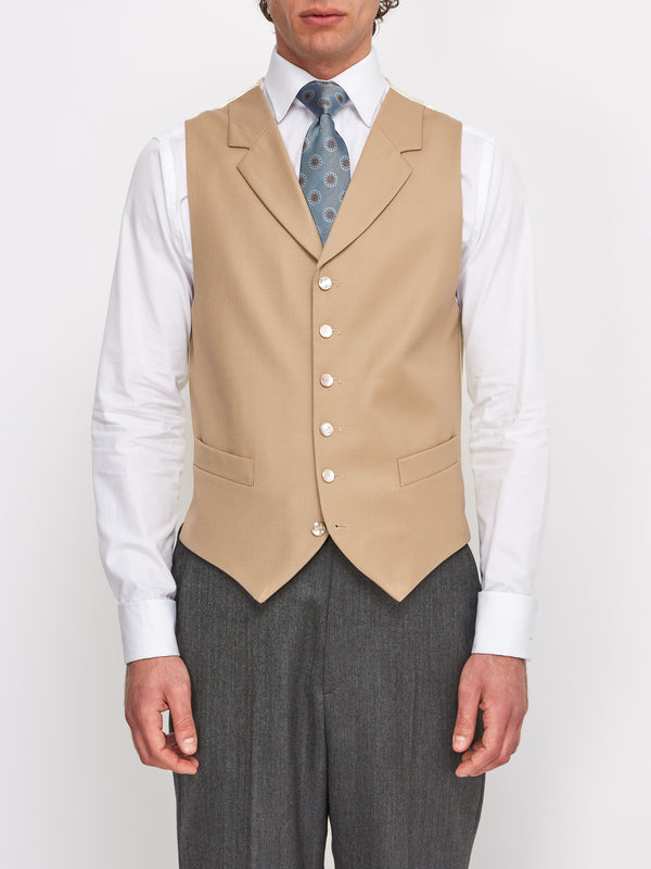 favourbrook Beige Gabardine Wool Single Breasted Notch Lapel Waistcoat