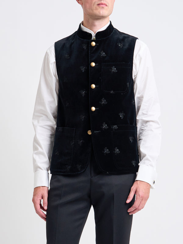 favourbrook Black Bees Velvet Cotton Wiltshire Gilet