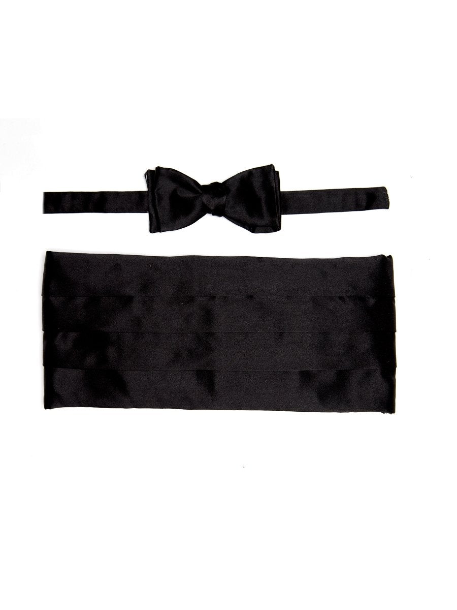 Favourbrook Black Duchesse Satin Silk Pleated Cummerbund & Bow Tie Set