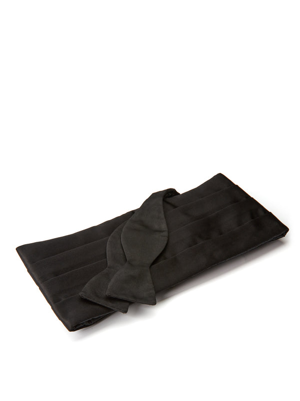 favourbrook Black Duchesse Satin Silk Pleated Cummerbund & Bow Tie Set