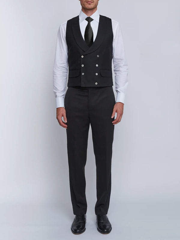 Favourbrook Black Gabardine Wool Double Breasted Waistcoat
