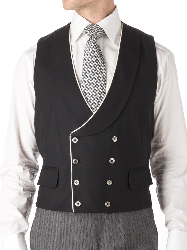 Favourbrook Black Gabardine Wool Double Breasted Waistcoat With Piping