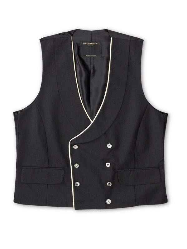 Favourbrook Black Gabardine Wool Double Breasted Waistcoat With Piping