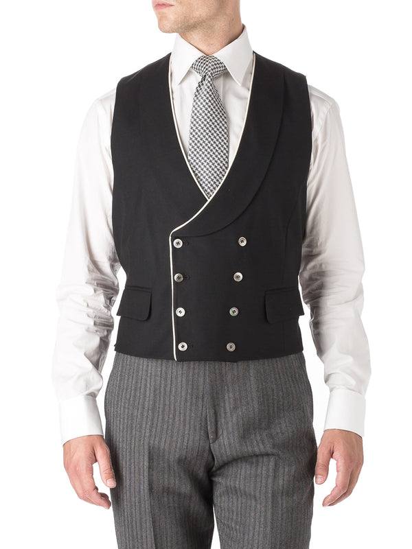 favourbrook Black Gabardine Wool Double Breasted Waistcoat with Piping