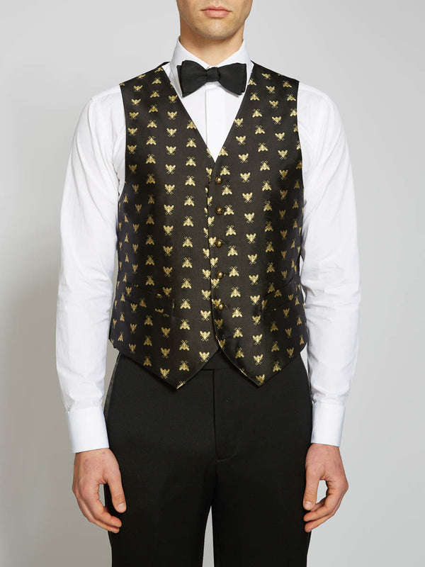 favourbrook Black Gold Bees Silk Single Breasted Waistcoat
