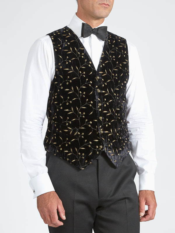 favourbrook Black Lurex Berries Velvet Single Breasted Waistcoat
