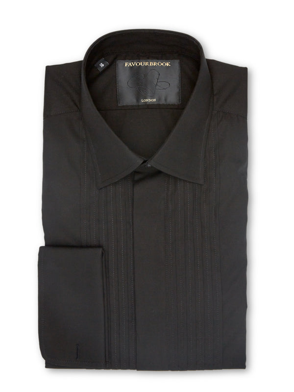 favourbrook Black Poplin Pleated Pintuck Dress Shirt