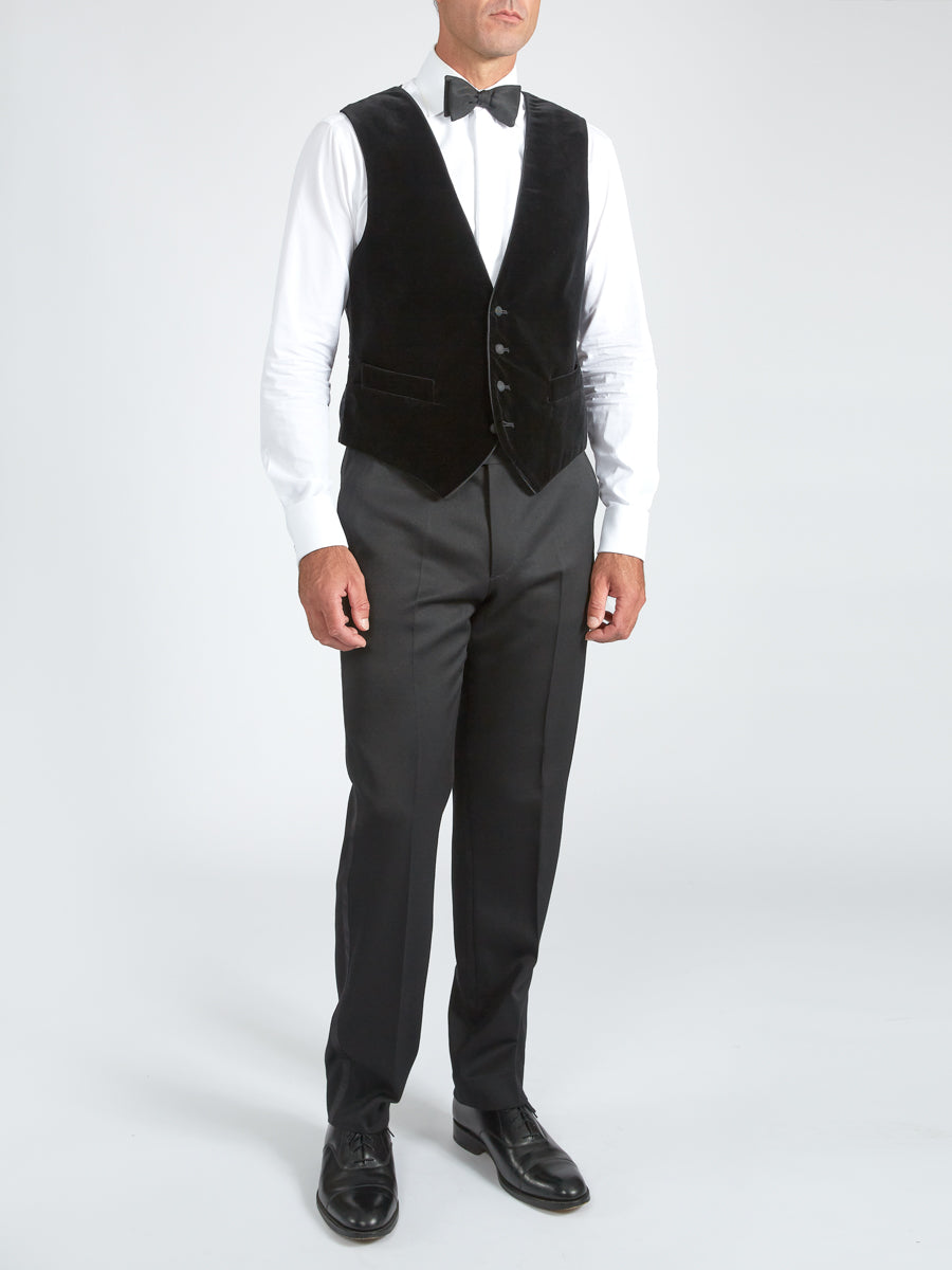 Favourbrook Black Velvet Cotton Single Breasted 4 Button Waistcoat With Piping