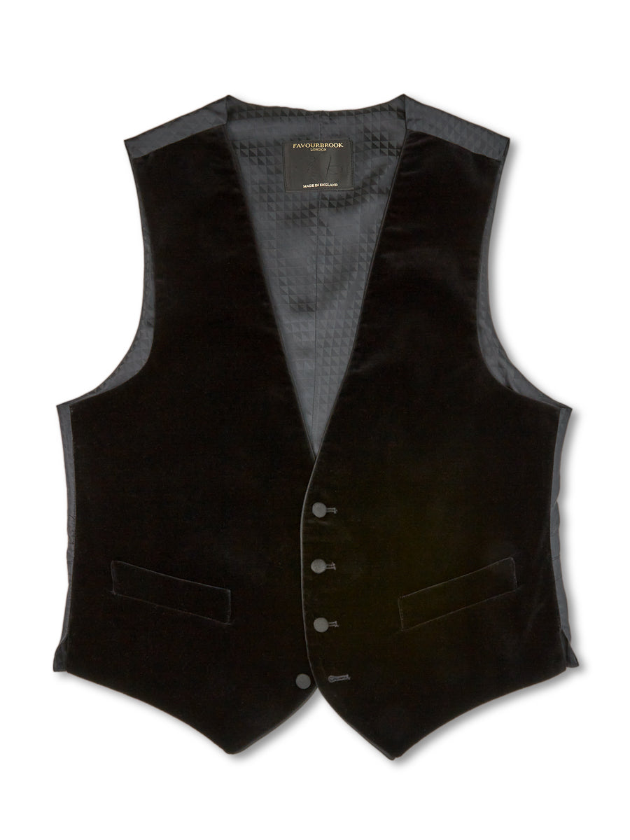 Favourbrook Black Velvet Cotton Single Breasted 4 Button Waistcoat With Piping